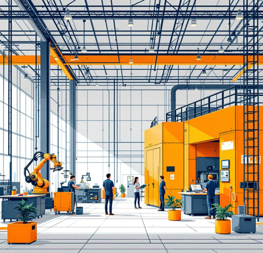 Modern industrial automation facility with robots and trained workers in India